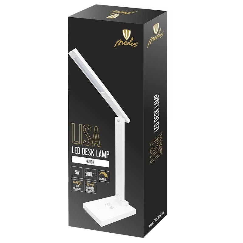 LED asztali lámpa LISA 5W dimmelhető, vezeték nélküli töltővel és USB-vel - DL1202/W 5